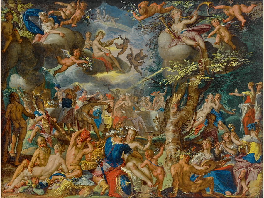 Joachim Anthonisz. Wtewael. A Banquet of the Gods. signed lower left: J(?) V WÆL FECIT. oil on copper. 6 1/4 by 8 in.; 15.8 by 20.4 cm. Estimate $5/7 million. Sold for $5,944,000