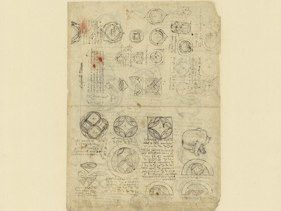 Leonardo da Vinci (1452-1519), Studio sull'equivalenza di superfici e disegno di un gatto, 1513-1515 circa, penna, tracce di matita nera, Milano, Veneranda Biblioteca Ambrosiana, Pinacoteca, Codice Atlantico, f. 268r (ex 98r-a) (© Veneranda Biblioteca Ambrosiana / Mondadori Portfolio)