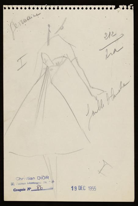 Schizzi di Christian Dior per l'abito Monte-Carlo, primavera-estate 1956  Haute Couture collection, Flèche line -   Dior
