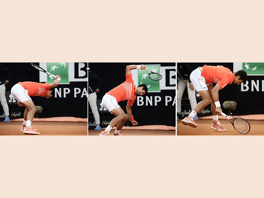 (COMBO) A combo of images showing Novak Djokovic of Serbia reacting after loosing a point against Rafael Nadal of Spain during their ATP Masters tournament final tennis match at the Foro Italico in Rome on May 19, 2019. (Photo by Filippo MONTEFORTE / AFP)