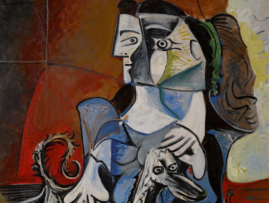 Property from a Private Collection, Japan, Pablo Picasso, Femme Au Chien. Signed Picasso (upper left); extensively dated (on the reverse), Oil on canvas, 63 3/4 by 51 1/4 in. 162 by 130 cm, Painted from November 23 to December 14, 1962. Estimate $25/30 million, Sold for $54,936,000AUCTION RECORD FOR A 1960s PICASSO