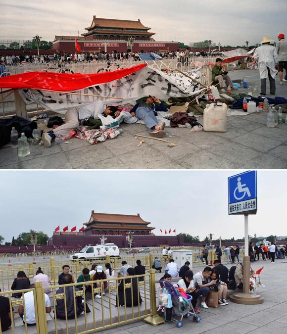 Combo di immagini: la foto in alto, di archivio, scattata il 21 maggio 1989 mostra studenti cinesi che dormono in Piazza Tiananmen a Pechinodurante il 90° giorno del sit-in degli studenti; la foto in basso, del 18 maggio 2019 mostra delle persone in piazza Tiananmen a Pechino. (Photo by NAOCHIRO KIMURA and Greg Baker / AFP)
