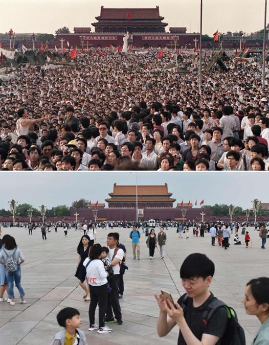 Una foto di archivio (in alto) scattata il 2 giugno 1989 mostra manifestanti pro-democrazia riuniti vicino a una statua della Dea della Democrazia (C) in Piazza Tiananmen a Pechino; e una foto (in basso) del 18 maggio 2019 mostra persone in piazza Tiananmen a Pechino. (Photo by Catherine HENRIETTE and Greg Baker / AFP)