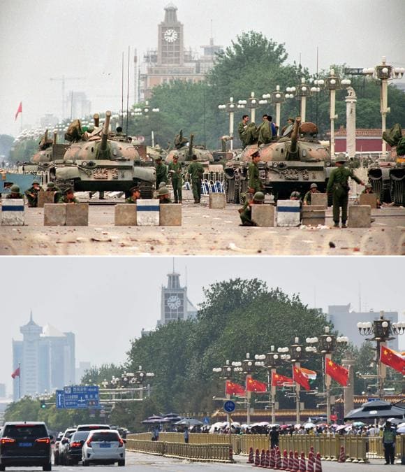 Una foto di archivio (in alto) scattata il 6 giugno 1989 mostra carri armati dell'Esercito di Liberazione Popolare (PLA) e soldati a guardia di Chang'an Avenue che porta a Piazza Tiananmen a Pechino; e una foto (in basso) del 29 maggio 2019 mostra il traffico su Changan Avenue davanti alle bandiere che sventolano in piazza Tiananmen a Pechino. (Photo by Greg Baker and Manny CENETA / AFP)