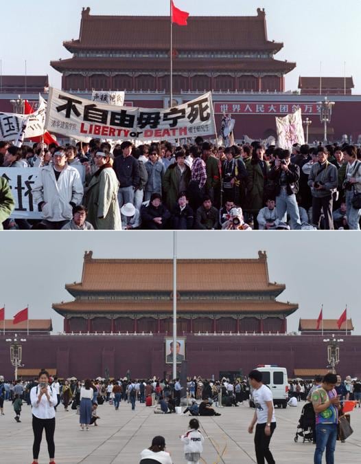 una foto di archivio (in alto) del 14 maggio 1989 mostra studenti e gente del posto riuniti in piazza Tiananmen a Pechino; e una foto (in basso) del 18 maggio 2019 mostra persone in piazza Tiananmen a Pechino. (Photo by Catherine HENRIETTE and Greg Baker / AFP)