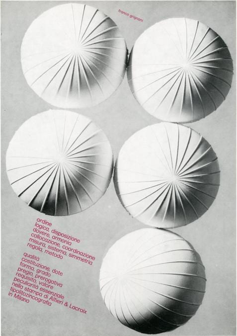 Franco Grignani, Pagina pubblicitaria Alfieri & Lacroix, 1969, stampa offset, 27,5x21 cm (Archivio Aiap)