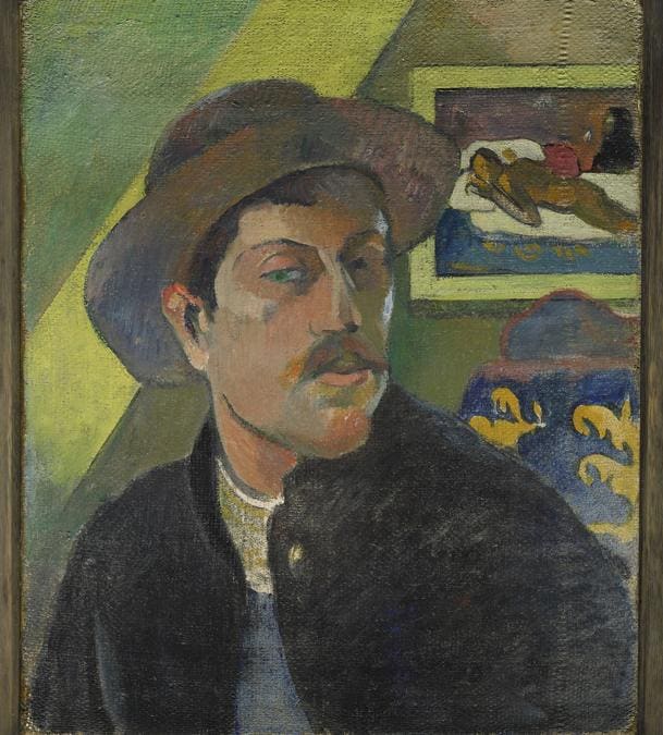 Recto.Paul Gauguin, Self Portrait with Manao tupapau (front) . Portrait of William Molard (back, upside down), 1893-1894. Diptych- oil on canvas, 46 × 38 cm. Musée d'Orsay, Paris. Acquired with the assistance of an anonymous Canadian donation, 1966 (RF 1966-7). RMN-Grand Palais (musée d'Orsay) / Franck Raux
