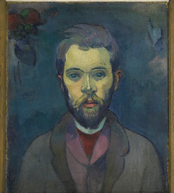 Verso.Paul Gauguin, Self Portrait with Manao tupapau (front) . Portrait of William Molard (back, upside down), 1893-1894. Diptych- oil on canvas, 46 × 38 cm. Musée d'Orsay, Paris. Acquired with the assistance of an anonymous Canadian donation, 1966 (RF 1966-7). RMN-Grand Palais (musée d'Orsay) / Franck Raux