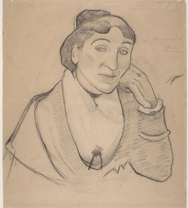 Paul Gauguin, L'arlésienne, Mme Ginoux, 1888. Beige Chalk under charcoal with stumping, with salmon-colored pastel, heightened with white chalk on beige wove paper, 56.1 × 49.2 cm. Fine Arts Museums of San Francisco, California. Memorial gift from Dr. T. Edward and Tullah Hanley, Bradford, Pennsylvania, 69.30.78. Fine Arts Museums of San Francisco, California