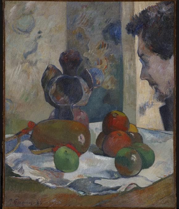 Paul Gauguin, Still Life with Profile of Laval, 1886. Oil on canvas 46 × 38 cm. Indianapolis Museum of Art. Samuel Josefowitz Collection of the School of Pont-Aven, through the generosity of Lilly. Endowment Inc., the Josefowitz Family, Mr. and Mrs. James M. Cornelius, Mr. and Mrs. Leonard J. Betley, Lori and Dan Efroymson, and other Friends of the Museum, 1998.167. Image courtesy of Indianapolis Museum of Art at Newfields