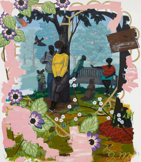 Lot 19. Kerry James Marshall. Vignette 19. signed with the artist's initials and dated 2014, acrylic on PVC, 71 3/4 by 60 in. 182.2 by 152.4 cm. Estimate $6.5/7.5 million. Sold for $ 18,488,000