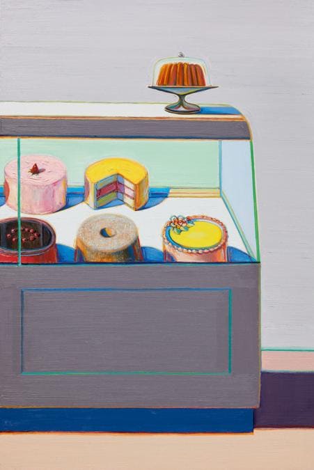 Lot 30. Property from an Important American Collection. Wayne Thiebaud. Encased Cakes. signed and dated 2011; signed and dated 2010/2011 on the reverse, oil on canvas, 72 by 48 in. 182.9 by 121.9 cm.Estimate $6/8 million. Sold for $8,464,800. RECORD FOR THE ARTIST AT AUCTION