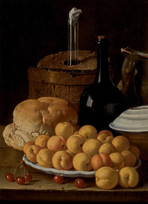 Lotto 33 - Luis Meléndez, Still life with a plate of apricots, cherries, bread, a wine cooler and receptacles, oil on canvas - £735,000 ($958,366) (€868,699) - £600,000 - 800,000