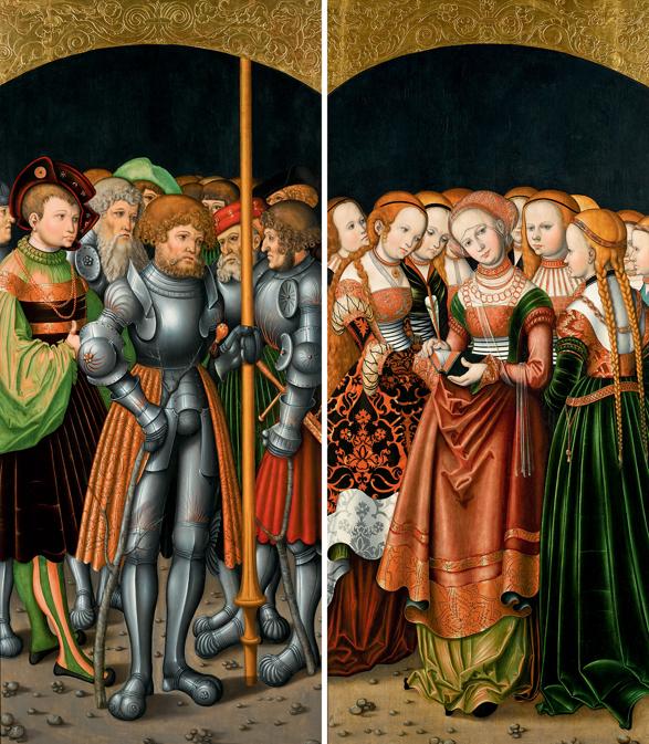 Lotto 3 - Simon Franck, Wings from an altarpiece: St Achatius with a train of knights and nobles; and St Ursula with an entourage of maidens, a pair, both oil on panel - £735,000 ($958,366) (€868,699) - £400,000 - 600,000