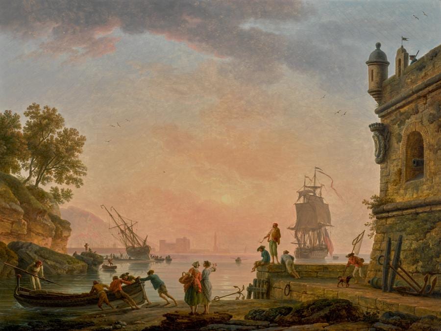 Lotto 29 - Claude-Joseph Vernet, A Mediterranean harbour scene at sunset, with fishermen pushing off a rowing boat beside a fortress, a British warship beyond, oil on canvas - £831,000 ($1,083,541) (€982,162) - £150,000 - 200,000