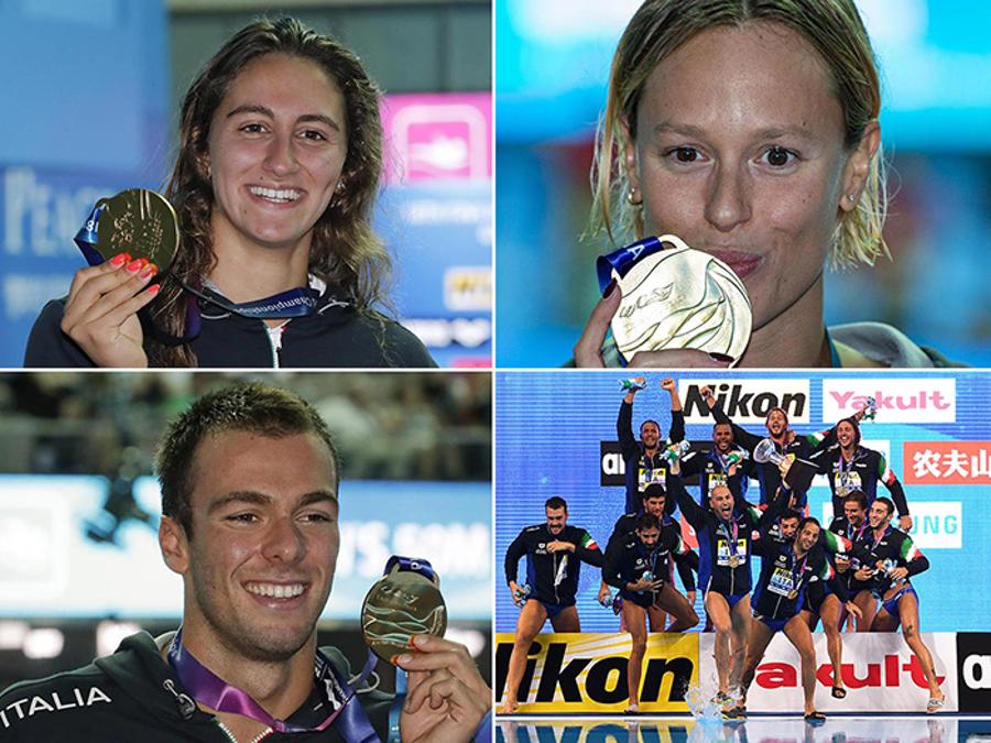 LUGLIO. NUOTO: Con un bottino di 15 medaglie (4 ori, 6 argenti e 5 bronzi) l’Italia chiude al sesto posto nel medagliere dei campionati mondiali coreani di Gwangju. Da sinistra in alto, Simona Quadarella (in alto a sinistra), oro nei 1.500 e argento negli 800 metri stile libero femminili. Federica Pellegrini (in alto a destra), oro nei 200 metri stile libero femminili. Gregorio Paltrinieri (in basso a sinistra) oro negli 800e bronzo negli 800 stile libero maschili. Il settebello azzurro (in basso a destra) conquista il titolo iridato nel torneo di pallanuoto travolgendo, in finale, la Spagna per 10-5.