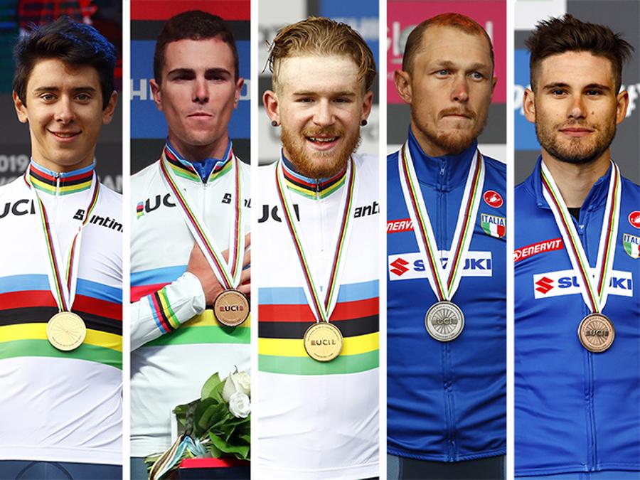 SETTEMBRE. CICLISMO. Con un bottino di 5 medaglie (2 ori, 2 argenti e un bronzo) l’Italbici chiude al terzo posto nel medagliere deimondiali inglesi di ciclismo su strada di Harrogate. Da sinistra Antonio Tiberi, medaglia oro nella cronometro juniores. Samuele Battistella, oro nella prova in linea uomini under 23. Alessio Martinelli argento nella prova in linea uomini juniores. Matteo Trentin argento nella prova in linea uomini elite. Filippo Ganna bronzo nella cronometro uomini elite.