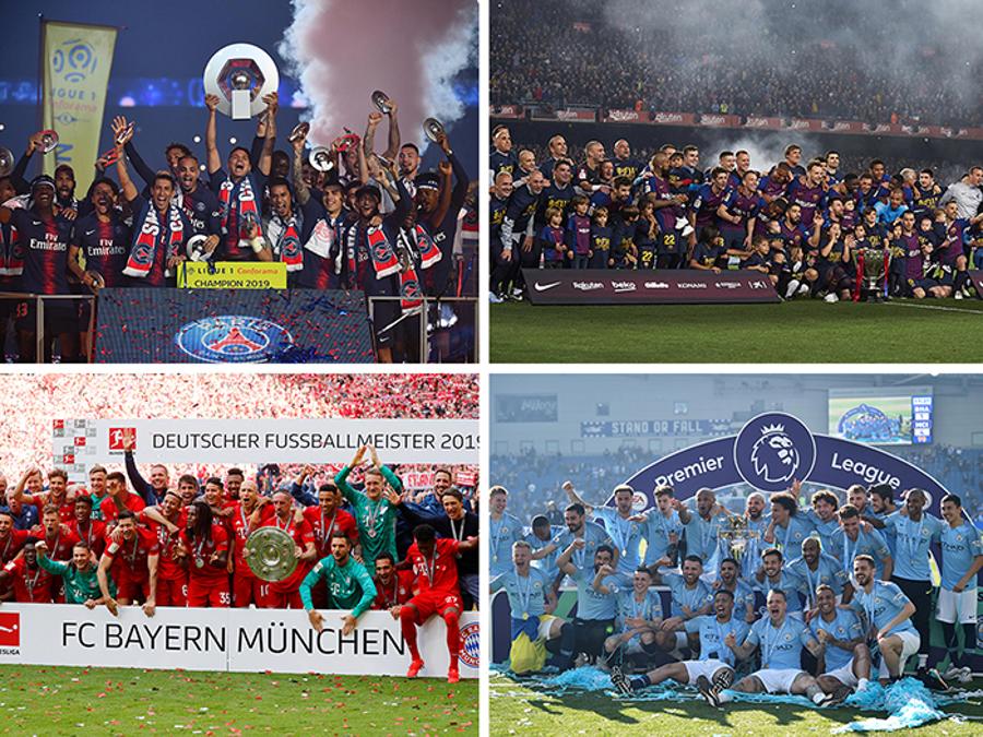 APRILE. CALCIO. Con quattro giornate d'anticipo, il Paris Saint Germain (in alto a sinistra) si laurea campione di Francia per l'ottava volta nella storia del club. Il Barcellona (in alto a destra), con tre giornate d'anticipo, vince la Liga spagnola per la 26esima volta nella storia del club catalano. Dopo un lungo testa a testa con il Borussia Dortmund , all'ultima giornata, il Bayern Monaco (in basso a sinistra) si laurea, per la settima volta consecutiva (29esimo titolo per il club bavarese), campione di Germania. Il Manchester City (in basso a destra) di Pep Guardiola cala il poker. I Citizens, chiudono l'anno agonistico, vincendo la Premier League, la Community Shield, la Coppa di Lega e la FA Cup .