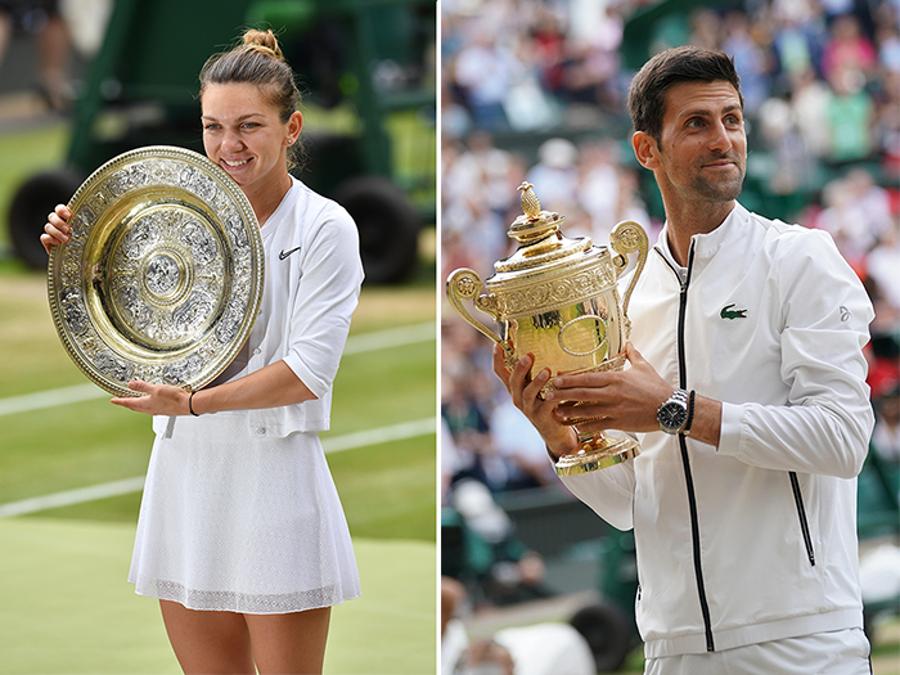 LUGLIO. TENNIS. Simona Halep (sinistra) conquista, per la prima volta in carriera, il torneo di Wimbledon. Sconfitta nella finale femminile la statunitense Serena Williams, con un duplice 6-2 6-2. Nella finale più lunga della storia del torneo di Londra, Novak Djokovic (destra) vince per la quinta volta Wimbledon. Sconfitto, dopo circa cinque ore, Roger Federer con il punteggio di 7-6, 1-6, 7-6, 4-6, 13-12.