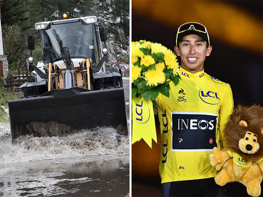 LUGLIO-CICLISMO. Fango, ghiaccio e neve hanno reso impraticabile il percorso , costringendo gli organizzatori del Tour de France a neutralizzare la 19eseima tappa, dopo lo scollinamento sul Col de l'Iseran, a 37 km dal traguardo. Il colombiano Egan Bernal (a destra), è il nuovo leader della classifica e vincitore della Grande Boucle.