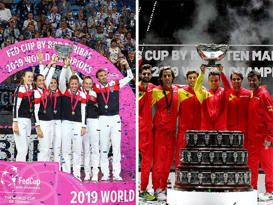 NOVEMBRE. TENNIS Dopo 16 anni di attesa la Francia (sinistra) conquista la quarta Fed Cup della storia della nazionale femminile transalpina. Sconfitta in finale, l'Australia. Rafa Nadal (destra) regala alla Spagna la sesta Coppa Davis della nazionale iberica. Sconfitto in finale il Canada.