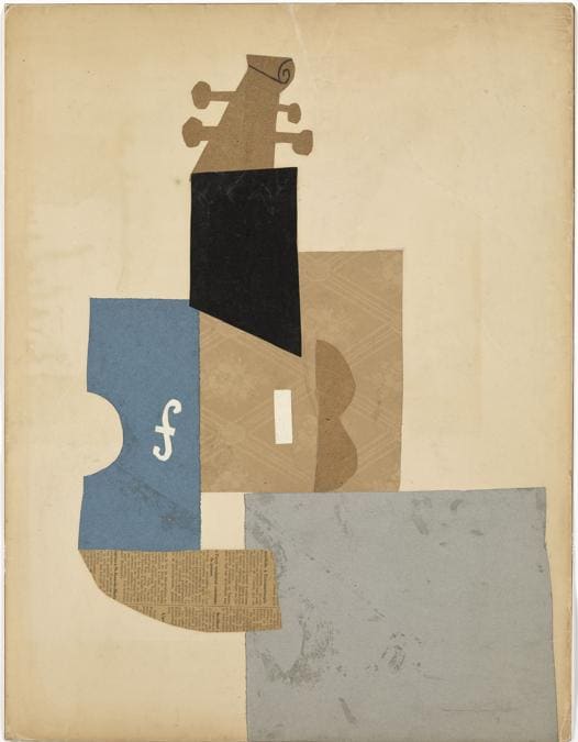 Pablo Picasso, Violin, Paris, autumn 1912, laid paper, wallpaper, newspaper, wove wrapping paper and glazed black wove paper, cut and pasted onto cardboard, pencil, charcoal, 65x50 cm,Musée national Picasso-Paris. Pablo Picasso gift in lieu, 1979. MP367 (photo © RMN-Grand Palais - Musée national Picasso-Paris - / Mathieu Rabeau © Succession Picasso/DACS 2019)