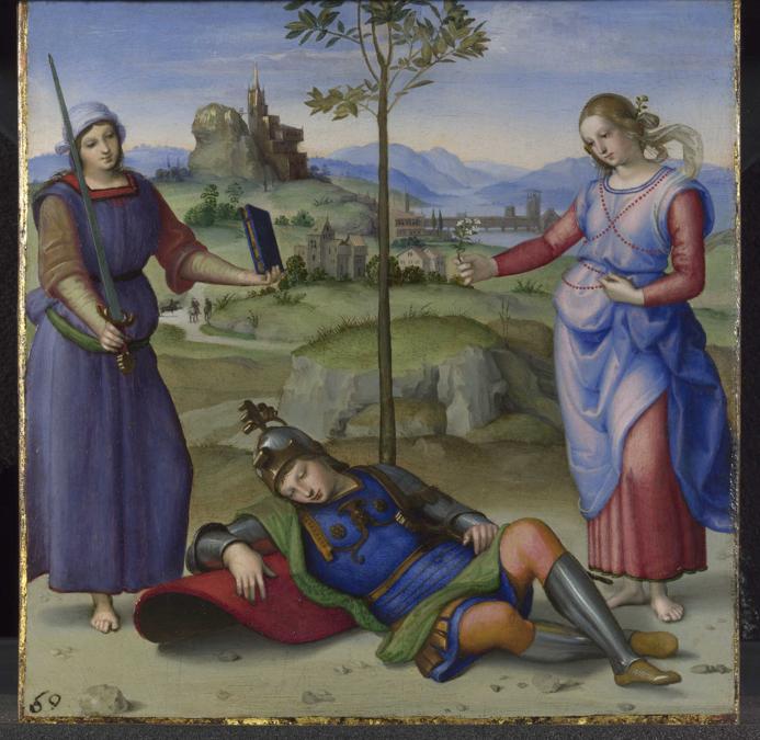 Raffaello, Il sogno del cavaliere (Ercole al bivio), The knight's dream, 1504, olio su tavola / oil on panel, Londra, The National Gallery, © The National Gallery, London