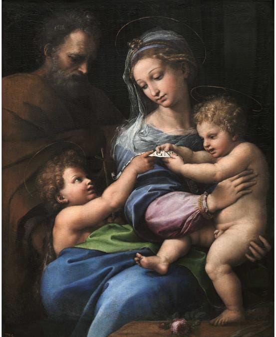 Raffaello, La Madonna della Rosa, Madonna of the Rose, 1518-1520, olio su tavola trasportata su tela / oil on panel transferred to canvas, Madrid, Museo Nacional del Prado, © 2020. Copyright immagine Museo Nacional del Prado