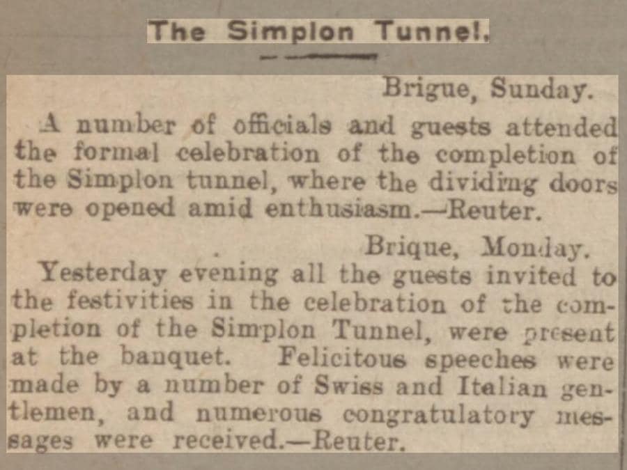 2 aprile 1905, apertura ufficiale del tunnel ferroviario sotto le Alpi del Sempione  che collega la Svizzera con l'Italia (Reuters)