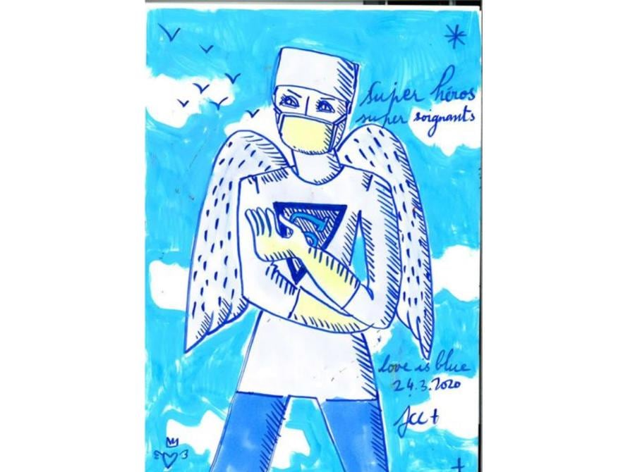 Jean-Charles de Castelbajac (1949), Superheroes, super caregivers, 24.3.2020, tecnica mista su carta, 29,7 x 21 cm, stima 800-1.200 euro Asta Protège Ton Soignant, Piasa