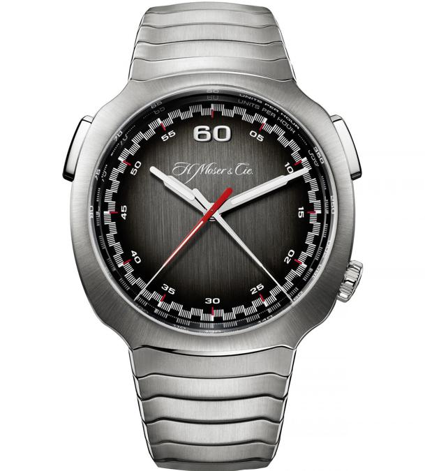 H. MOSER & CIE. Design anni 70 per Streamliner Flyback Chronograph Automatica, modello sportivo in acciaio con bracciale integrato. Una prima assoluta è anche il movimento automatico dell'orologio (visibile attraverso il fondello trasparente): la massa oscillante in tungsteno è posizionata tra il quadrante e il movimento. 100 esemplari