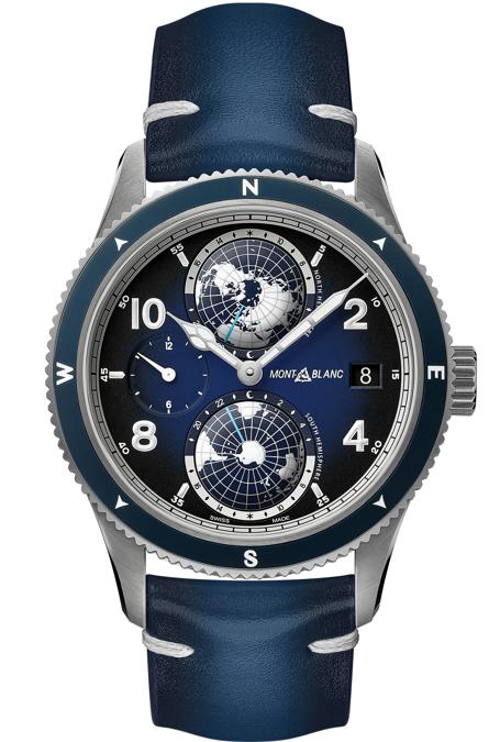 MONTBLANC. In pochissimo tempo il 1858 Geosphere è diventato uno dei modelli più riconoscibili dell'intera orologeria. Quest'anno viene proposta una versione in titanio con quadrante blu con inserti bianchi a richiamare i colori dei ghiacciai. A ore 12 e 6 si trovano le caratteristiche riproduzioni degli emisferi nord e sud. Movimento automatico di manifattura che permette anche la lettura dell'ora universale