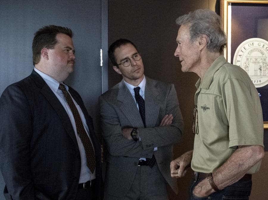 2019 - Richard Jewell -  Paul Walter Hauser,  Sam Rockwell e  Clint Eastwood sul set (COLLECTION CHRISTOPHEL © Claire Folger - Warner Bros. - The Malpaso Company - 75 Year Plan Productions - Appian Way - Misher Films)