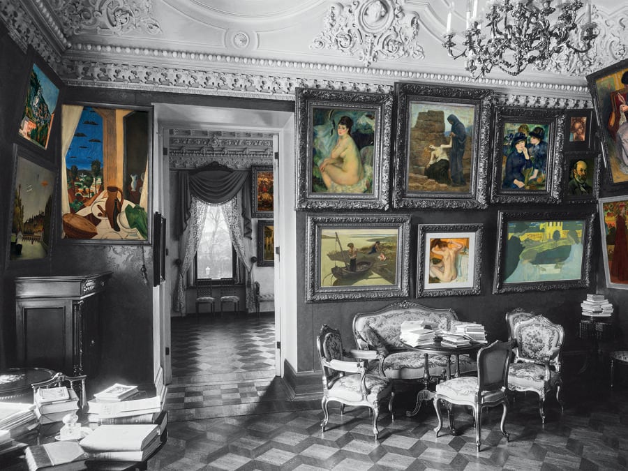 Il piccolo salone con i dipinti di André Derain, Edgar Degas, Pierre-Auguste Renoir, Pierre Puvis de Chavannes e Maurice Denis. (Colorizzazione delle foto degli archivi di famiglia: © Christine Delocque-Fourcaud)