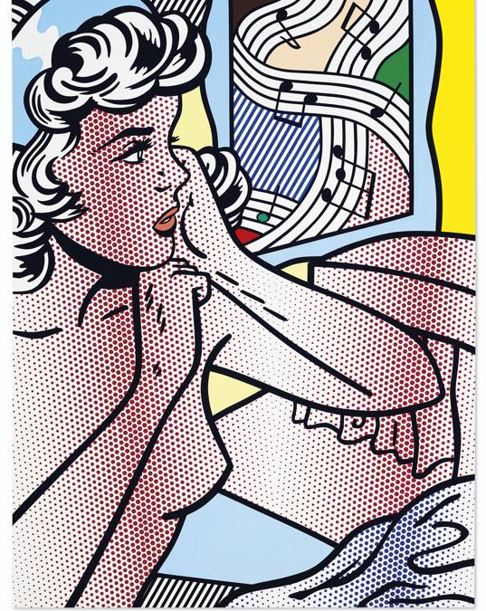 Roy Lichtenstein (1923-1997), Nude with Joyous Painting, 1994. Oil and Magna on canvas. 70 x 53 in (177.8 x 134.6 cm). Sold for $46,242,500 in ONE: A Global Sale of the 20th Century on 10 July 2020 at Christie's in New York. © Estate of Roy Lichtenstein.