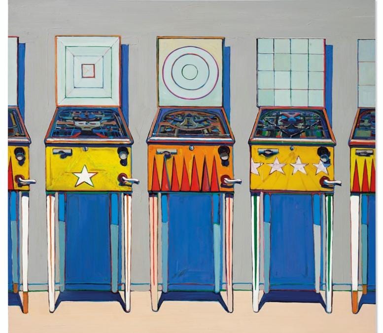 Wayne Thiebaud (b. 1920), Four Pinball Machines, 1962. Oil on canvas. 68 x 72 in (172.7 x 182.8 cm). Sold for $20,137,500 in ONE: A Global Sale of the 20th Century on 10 July 2020 at Christie's in New York. © 2020 Wayne Thiebaud / Licensed by VAGA at Artists Rights Society (ARS), NY