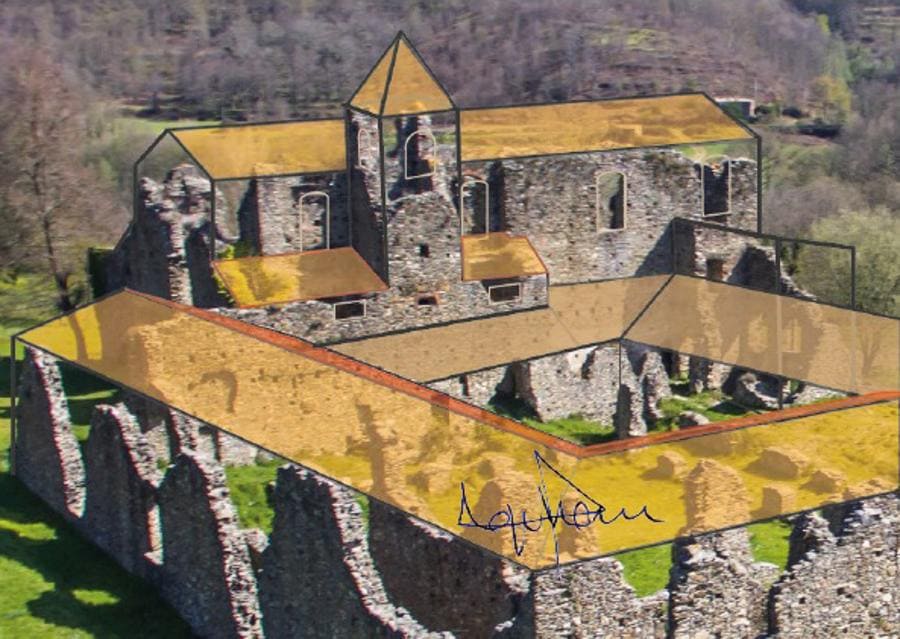 Ecco il confronto tra le rovine di oggi e come probabilmente si presentava l'abbazia di Corazzo nel XVIII secolo