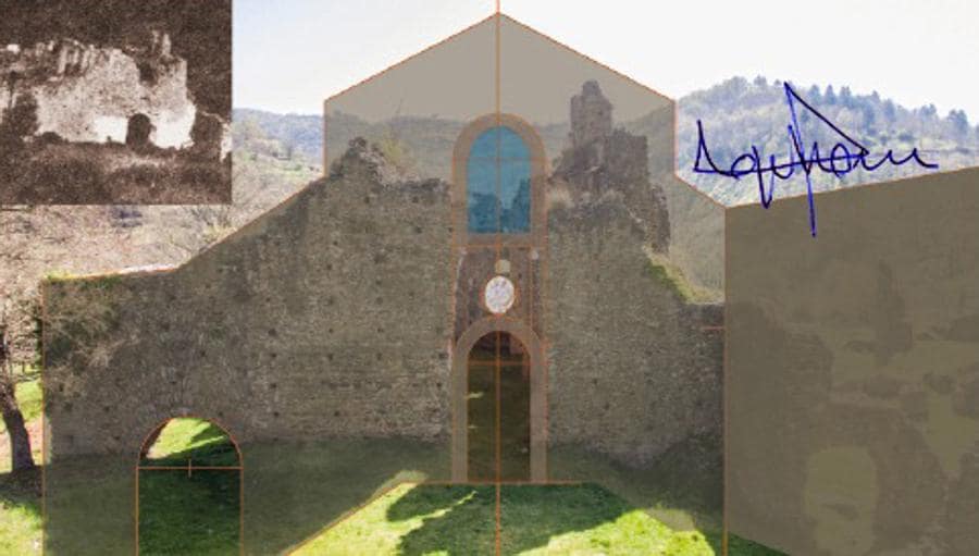 Ecco il confronto tra le rovine di oggi e come probabilmente si presentava l'abbazia di Corazzo nel XVIII secolo