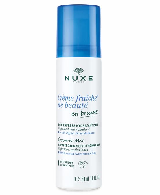 Créme fraîche de beauté en brume NUXE. Un nuovo gesto che offre 24h di idratazione. contenente l'89% di ingredienti di origine naturale. Associa il Latte vegetale di mandorla dolce a un innovativo estratto di alga rossa che rafforza la pelle aiutandola a catturare l'acqua