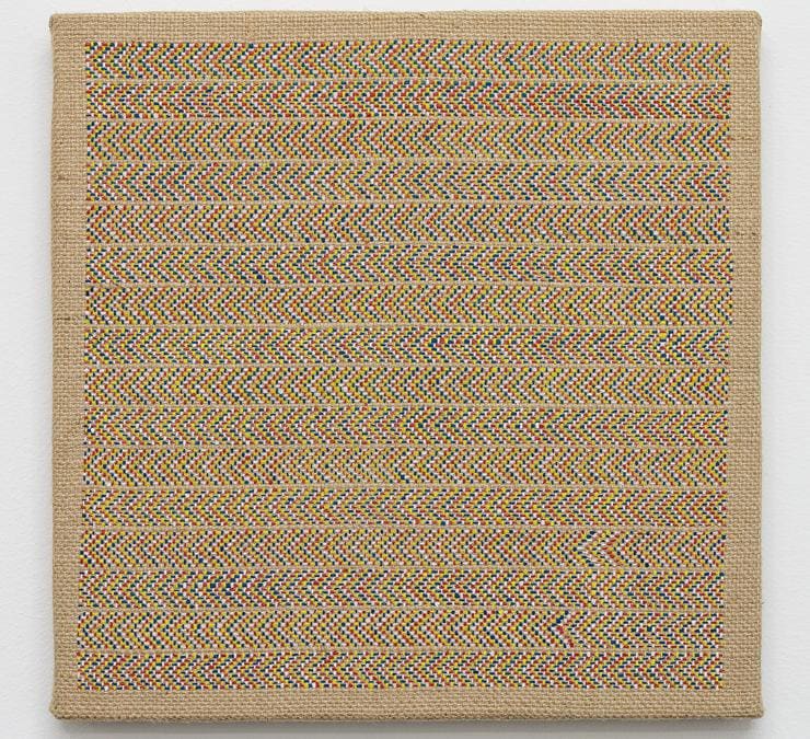 Alessandro Carano, “My art”, 2020, acrilico su iuta, 30x30 cm, opera esposta nella nuova sede di Castiglioni a Milano, fotografia di Filippo Armellin, Courtesy Castiglioni Milano.
