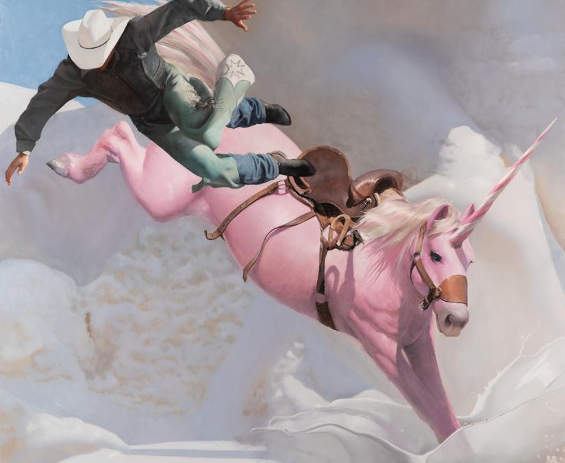 Will Cotton, Airborne, 2020, olio su lino, Courtesy of the artist, opera esposta nella mostra “Artists for New York” nella nuova sede di Hauser & Wirth a New York, 22nd Street, 2020