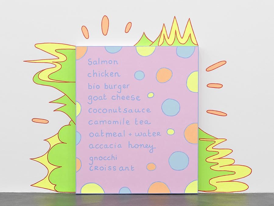 KAUFMANN REPETTO VAN DER STOKKER - Lily van der Stokker - Shopping List - 2019 - acrylic on wall and wood - 145x189x5,5cm/57.1x74,4x2,2in - Courtesy of the artist and kaufmann repetto Milan / New York - Exhibition view, Migros Museum für Gegenwartskunst, Lily van der Stokker – Help help a little old lady here, November 30, 2019 – February 23, 2020 - Photo: Stefan Altenburger