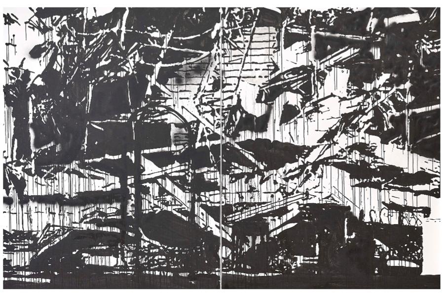 Monica Bonvicini, Alabama 2011, 2016, dittico. Tempera e spray su carta Fabriano montata su tela,2 elementi 198 x 153 cm ognuno. foto: John McKenzie. In vendita alla Raffaella Cortese a 65.000 euro + IVA. © Monica Bonvicini and VG Bild-Kunst