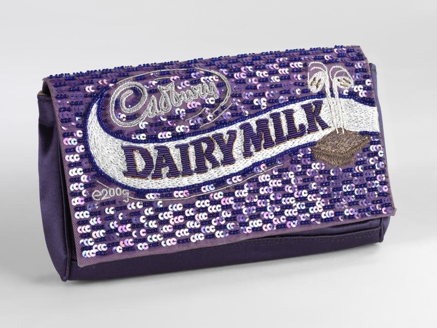 Anya Hindmarch. “Dairy Milk” sequinced and silk embroidered clutch bag, 2000 (c) Victoria and Albert Museum, London