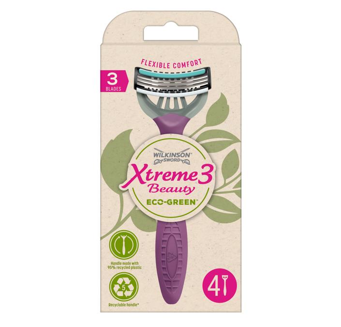 Wilkinson Xtreme 3 Beauty Eco Green, il primo rasoio ecologico, usa6getta, il manico è fatto con il 95% di plastica riciclabile, il pack con più del 90% di carta riciclata