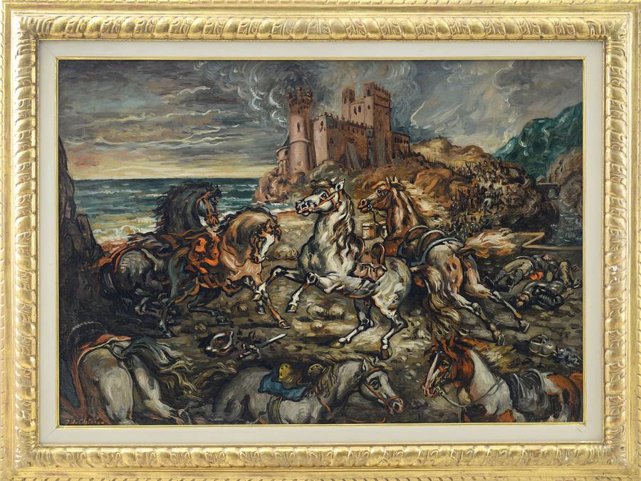 Giorgio De Chirico, Cavalli spaventati dopo la battaglia, 1945 circa, stima a richiesta, venduto a 255.000 €, Courtesy Meeting Art