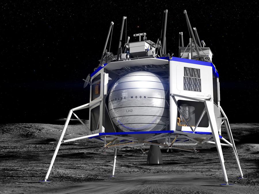 Blue Moon è un lander flessibile che fornisce un'ampia varietà di carichi utili piccoli, medi e grandi sulla superficie lunare. La sua capacità di fornire atterraggi precisi e morbidi consentirà una presenza umana sostenuta sulla Luna. (credit: Blue Origin)