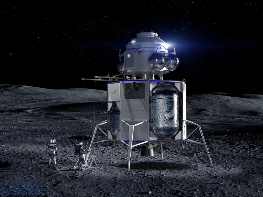 Il lander Blue Moon è in grado di fornire carichi utili di grandi infrastrutture con elevata precisione per preposizionare i sistemi per missioni future. La variante più grande di Blue Moon è stata progettata per far atterrare un veicolo di risalita che ci permetterà di riportare gli americani sulla Luna entro il 2024. (credit: Blue Origin)