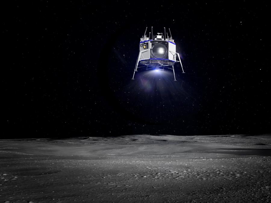La guida di precisione ei sensori di discesa di Blue Moon utilizzano la tecnologia di apprendimento automatico per atterrare con precisione ovunque sulla superficie lunare, a partire dalla sua prima missione. (credit: Blue Origin)