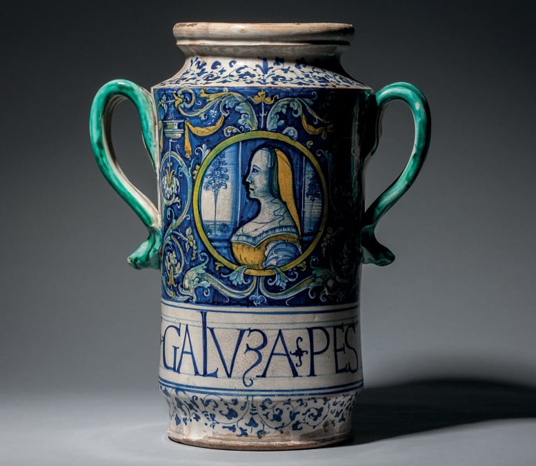 A large doublehandled albarello with portrait roundel and inscribed GALVZA PESTA, Italy, Siena, c.1510-30. Photo: Courtesy of Sam Fogg, London